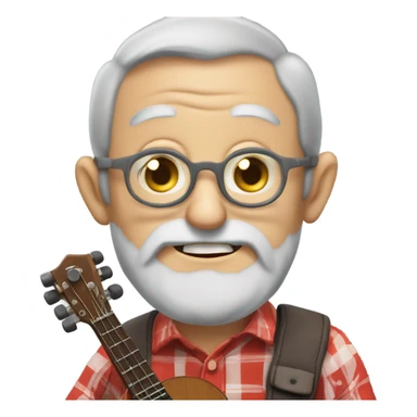 Old man, really long grey beard, country bumpkin, huge wild eyes, buck teeth, playing a banjo and wearing a red long sleeve plaid shirt sticker