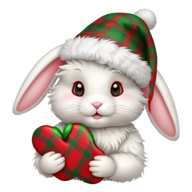 fluffy white angora rabbit wearing red and green plaid Christmas hat held in hands sticker