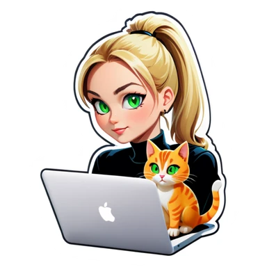 Blonde woman ponytail green eyes with cat and MacBook sticker