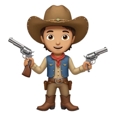 A young cowboy with oversized boots, excited expression, and a tiny toy revolver.
 sticker
