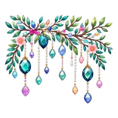 Exotic colorful romantic Few cute tiny Iridescent glistening glossy sparkly shiny glittery hanging crystals pearls and beads and gemstones scenery scenic decorations with branches and flowers sticker