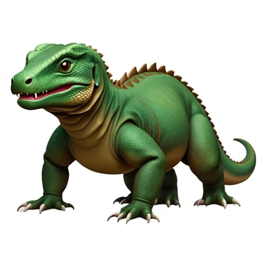 cinematic-komodo-dragon-realistic-full-body-on all fours-emoji,-massive-scaled-body-poised-with-quiet-power,-rough-textured-skin-dark-green-and-brown,-head-tilted-dramatically,-long-forked-tongue-flicking-out,-simplified-yet-realistic-focused-features,-highly-detailed,-glowing-with-an-almost-sarcastic-glow sticker