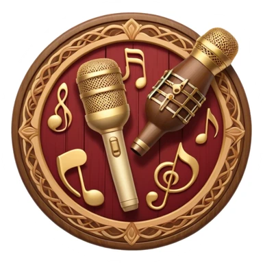 Create a warm and authentic humanless emoji representing folk singing. The design should feature a traditional folk microphone at the center, surrounded by classic instruments such as a bayan (button accordion), gusli (a traditional Russian zither), and a tambourine. Arrange these instruments in a harmonious, circular pattern to evoke a sense of folk music and community performance. Use natural, earthy colors like wood brown, deep red, and golden accents to reflect the rustic and heartfelt spirit of folk music. Add subtle musical notes to the background to convey the rhythm and harmony of the performance. The background should be transparent. sticker