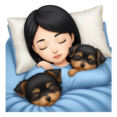 pretty asian girl with black hair sleeping in bed with small yorkshire terrier sticker