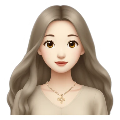 cute long-haired Chinese girl in Muji beige dress with van cleef clover necklace sticker