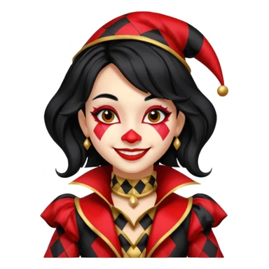Jester girl, black and red suit, black hair, harley quinn sticker