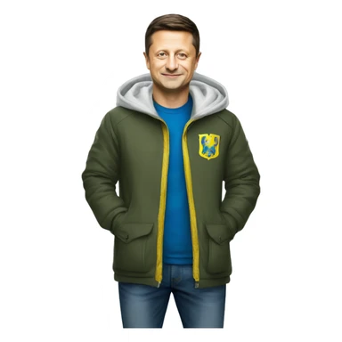 President Volodymyr Zelenskyy in haki tshirt with ukrainian coat of arms sticker
