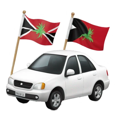 A tall man white man with a Trinidad flag behind him & another man driving a white car sticker