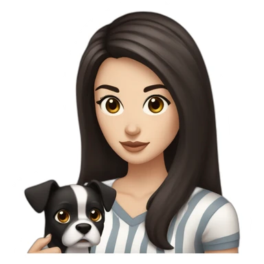 White women with long dark brown hair and long eyelashes dark brown eyes and thick dark brown eyebrows with the black dog with a white stripe on the neck and ears raised up sticker