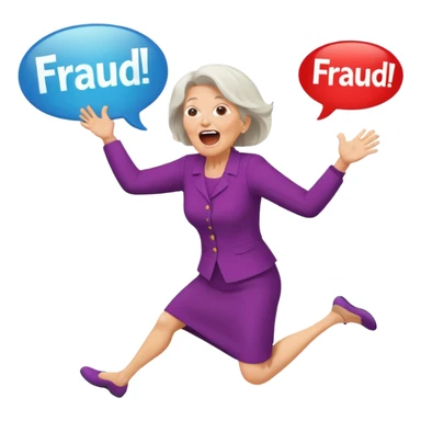 Older Woman jumping screaming and word “fraud” in a bubble sticker