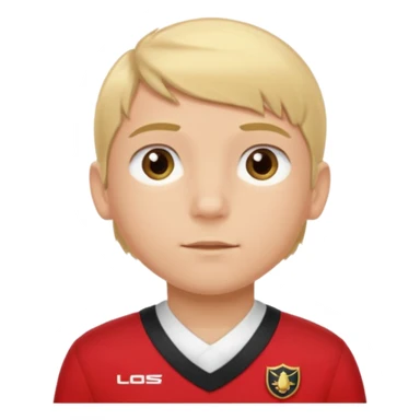 SARI SAÇLI SAÇININ YARISI SOLA DOĞRU DİĞERİNİN SAĞ TARAFTA AMA DÜZ DURAN KAHVERENGİ GÖZLÜ UZUN KİRPİKLİ BUĞDAY RENKLİ KIRMIZI ÜNİFORMALI BİR ERKEK ÇOCUK sticker