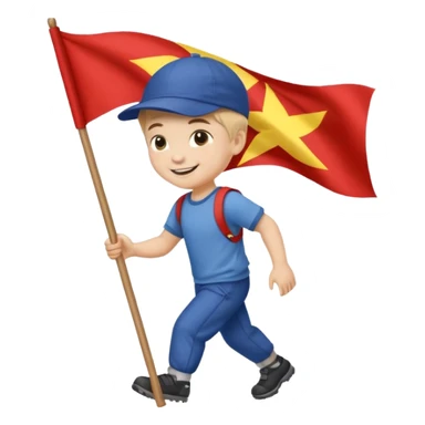 A small boy in a cap, smiling brightly while dragging a flag slightly bigger than him. sticker