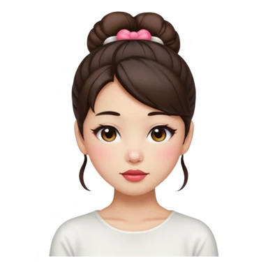 “japanese style Emoji brunette girl hair in bun white top, dewy skin, heavy blush across cheeks and nose bridge, glossy cherry lips, soft eyeliner, teary sparkling eyes sticker