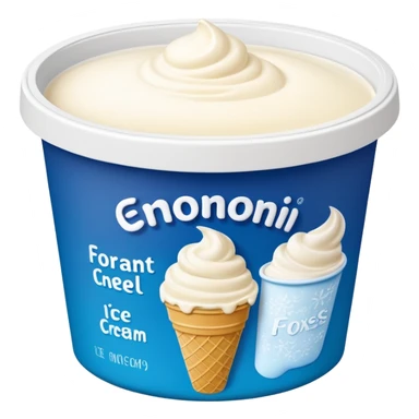 A creamy ice cream tub with a minimalist printed label showing flavor name and brand logo, sitting inside a store freezer. The lid and sides of the container have small frost crystals and condensation. Realistic photography style with soft lighting and a cool-toned background. sticker