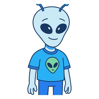 alien icon in flat-toon style, using primary colors #EDF6FE, #69CEFF, #4858FF and secondary colors #5AEEFE, #465AFE, #D0F2E3, #ADE0FE sticker