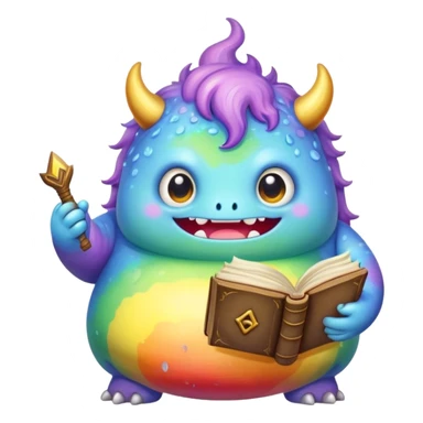 Kawaii derpy fat rainbow monster with magic spell book, rich textures, visually rich, so lifelike that it feels like it could leap off the page at any moment sticker