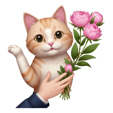 Cute cat Handing pink peonies like reaching a hand and handing them out a bouquet of them with a couquette sticker
