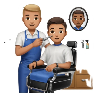 Barber cutting teenage boys hair. Show the boy sat in black barber chair and both having smiles on their faces sticker