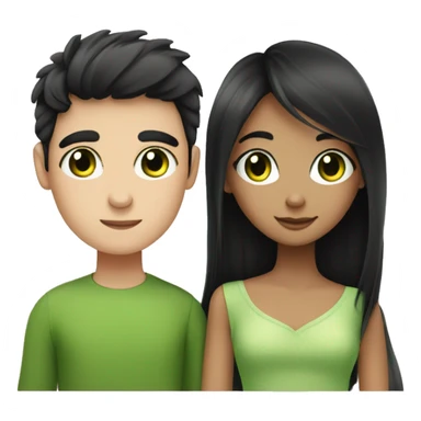 Create an emoji of a black-haired girl with super long eyelashes and a cute boy with green eyes, loving each other sticker