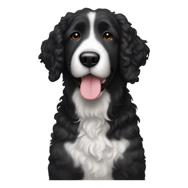 A big bernadoodle dog, mostly black with white on his neck sticker
