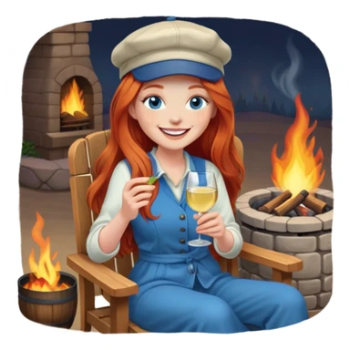 Laughing redhead with long hair and blue eyes wearing cap holding white wine sitting in chair beside fire pit sticker