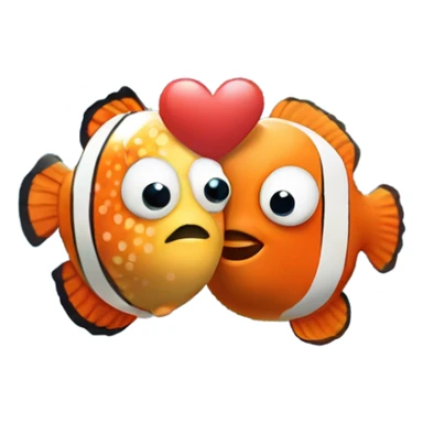 Cute Pufferfish and clownfish are kissing with little red hearts above their head  sticker