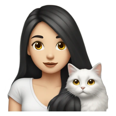 A girl with long dark hair and a white fluffy cat is lying on her left shoulder and neck sticker