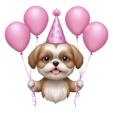 cute shih tzu hold a few cute pink balloons  with pink birthday hat sticker