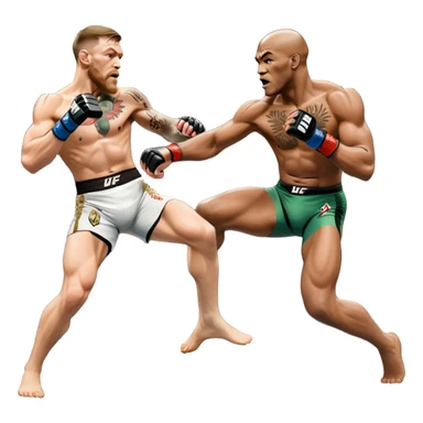 An MMA showdown between Conor McGregor and Anderson Silva in the octagon. McGregor is executing a powerful jumping strike, while Silva is expertly blocking the attack with his forearm. The background features the UFC octagon, fans in the distance, and dynamic action. Transparent background sticker