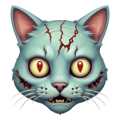 zombie cat portrait, head and shoulders only, pale fur, cracked skin patches, eerie glowing eyes, mischievous undead vibe, 3D cartoon, mobile game icon style, clean background, no text, no watermark
 sticker