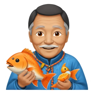 old inuit man with traditional inuit clothes and orange fish sticker