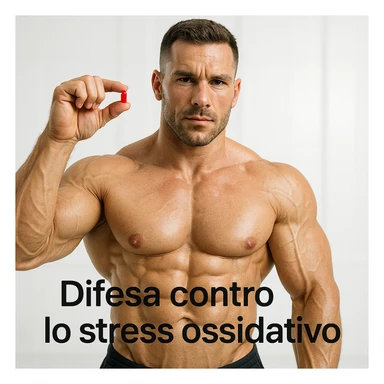 hyper realistic bodybuilder holding a red astaxanthin capsule, well visible muscles, white background, text 'Difesa contro lo stress ossidativo', clinical atmosphere sticker