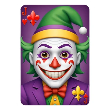 1 poker card, squared, with crazy colorful human jolly joker inside, star symbol with a "J" sticker