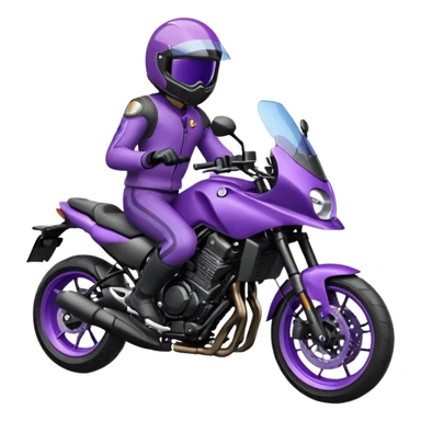 Créer un emoji copiable sur mon système iOS avec une moto mt07 noir mate / violet plus foncé que tu as et iridescent. le style de la mt07 doit être en sport. Avec pilote dessus visière violet bulle de la moto violet aussi. sticker