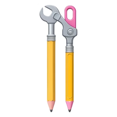 A flat-style illustration of a pencil and a wrench placed side by side, upright and parallel. The pencil is yellow with a pink eraser, and the wrench is metallic gray. Clean, modern cartoon style with simple shapes, white background, iOS emoji aesthetic. sticker