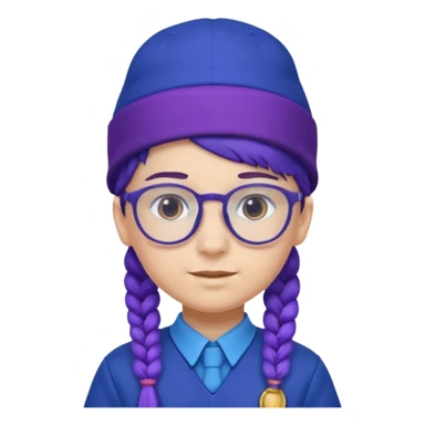 blue uniform wearing scout kid with purple braids and glassess with blue hat sticker