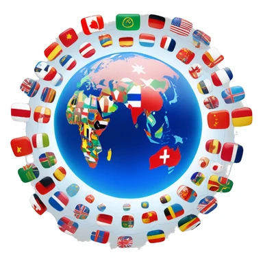 Glowing globe with interconnected lines, surrounded by small country flags, representing virtual connections across 100+ countries. Modern, tech-inspired design. sticker