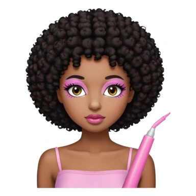 Dark brown skin girl with short black curly hair afro styled , she has pretty wispy cat eyelashes and is wearing a light pink tube top with lip gloss  sticker