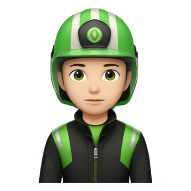 ojek online driver, using motorbike, the helmet is green. green jacket, not green motorbike (maybe a black jacket with green stripes just a little) then please make the driver not looking at "camera". the first one is good. but can you make the driver just look at the road not looking at me sticker