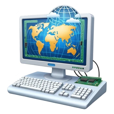 An icon featuring a computer monitor displaying code, a globe with network nodes, and a circuit board, symbolizing IT. The design includes data streams, cloud storage, and a keyboard, representing digital innovation, connectivity, and problem-solving. Transparent background sticker