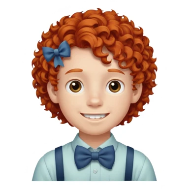 redhead kid with unique face features and very curly hair kid boy happy and braces on teeth, wearing a bow on head on hair just one bow sticker