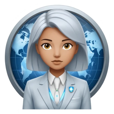 Artemis, A sleek female avatar with a focused, forensic gaze, wearing a minimalist white and silver tailored suit accented with moonlight blue. She is analyzing a transparent holographic interface displaying complex global sovereign credit data. sticker