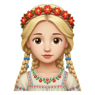 Slavic girl with a long blonde braid, wearing a traditional embroidered dress and a colorful flower crown, apple style emoji sticker