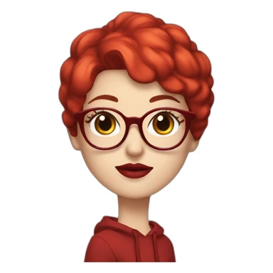 white woman with dark red pixie cut and long eyelashes and big red glasses red lips and red hoody sticker