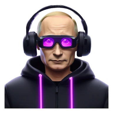 Vladimir Putin wearing a black hoodie with "OMG" letters on it and VR headset oculus quest 2 in a cyberpunk VR environment with violet neon lighting. sticker