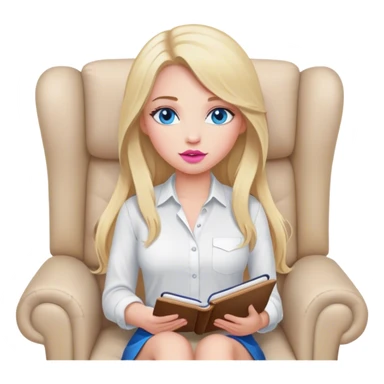 Cinematic realistic blonde with long hair, blue eyes and pink lips, sitting in a beige armchair with a notebook and pen in her handsshirt, sits in a beige armchair with a notebook and pen in her hands sticker