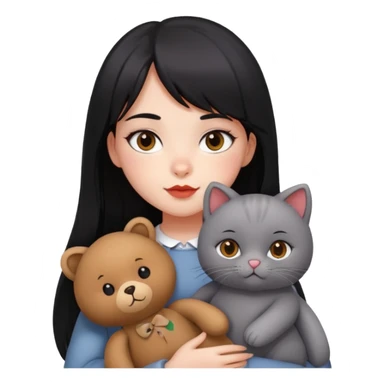 girl,drak eyes, red cheeks, black long hair with a bang, white face, holding a British gray cat and a brown teddy bear sticker