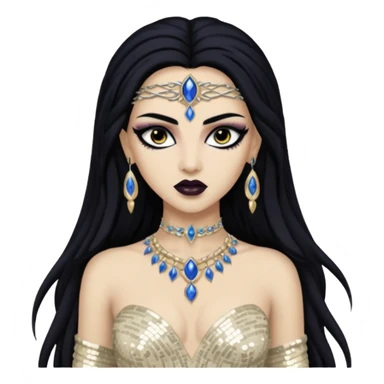 Akasha from Queen of the Damned with long black hair, ivory sequin outfit sticker