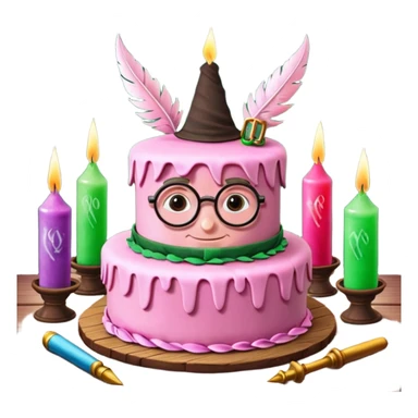 Harry Potter themed pink birthday cake with green 'Happy Birthday Harry' icing, surrounded by wizard books, candles, potion bottles, feathers, and glasses on wooden table, magical atmosphere." sticker