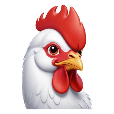 Cinematic Cute White Rooster Portrait Emoji, Head tilted playfully and inquisitively, featuring a glossy, immaculate white plumage with a vibrant red comb, round, sparkling eyes filled with curiosity, Simplified yet irresistibly adorable features, highly detailed, glowing with a warm, friendly glow, high shine, affectionate and spirited, stylized with a touch of farmyard whimsy, bright and endearing, soft glowing outline, capturing the essence of a mischievous yet loving rooster, so playful it feels like it could strut out of the screen and into your arms! sticker